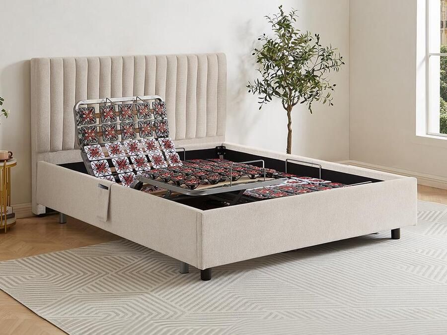 Vente-unique Elektrische decoratieve relaxbedbodem 2 x 65 noppen 2 x 80 x 200 cm Stof Beige NALU van DREAMEA L 214 cm x H 110 cm x D 171 cm