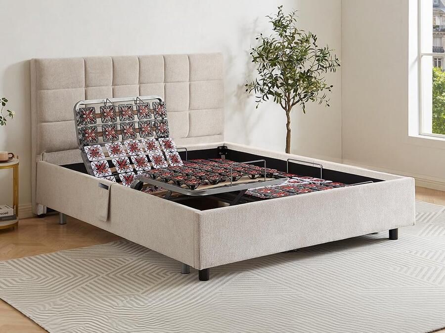 Vente-unique Elektrische decoratieve relaxbedbodem 2 x 65 noppen 2 x 80 x 200 cm Stof Beige PITUS van DREAMEA L 214 cm x H 110 cm x D 171 cm