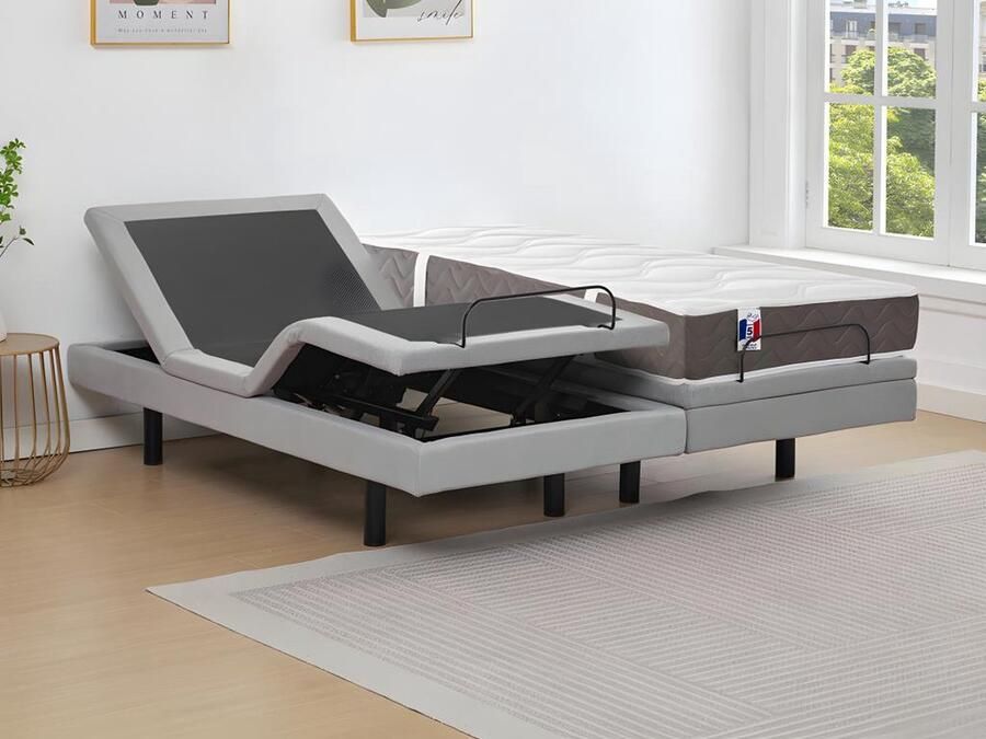 Vente-unique Elektrisch decoratief relaxbed + matras van 100% latex met 3 zones 2 x 90 x 200 cm Stof Grijs PANISOLA van DREAMEA L 200 cm x H 41 cm x D 180 cm