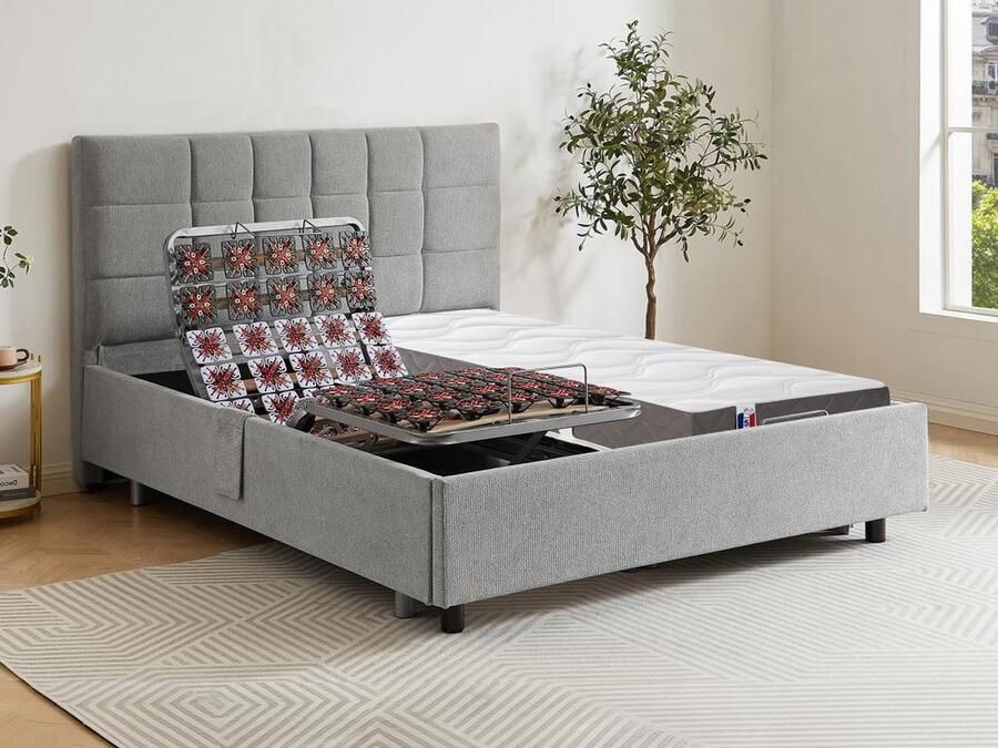Vente-unique Elektrisch decoratief relaxbed met noppen + matras van 100% latex met 3 zones 2 x 90 x 200 cm Stof Grijs JOFAR van DREAMEA L 214 cm x H 110 cm x D 200 cm