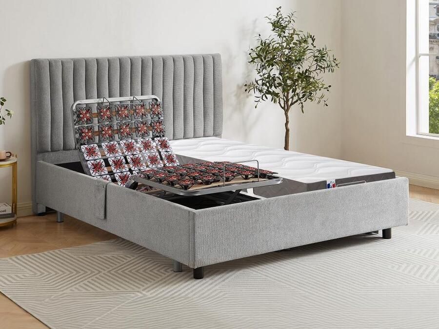 Vente-unique Elektrisch decoratief relaxbed met noppen + matras van 100% latex met 3 zones 2 x 90 x 200 cm Stof Grijs TIARI van DREAMEA L 214 cm x H 110 cm x D 200 cm