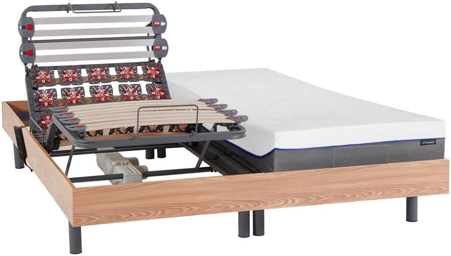 Vente-unique Elektrisch bed – bedbodem en matras – latten en contactplaatjes vormgeheugen DIONYSOS van DREAMEA OKIN motoren eikenhout 2 x 90 x 200 cm L 200 cm x H 35 cm x D 180 cm