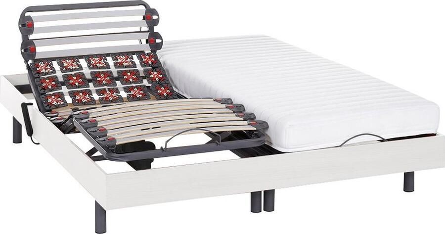 Vente-unique Elektrisch bed – bedbodem en matras – lattenbodem en contactplaatjes PANDORA II van DREAMEA Motor OKIN wit 2x80x200 cm L 200 cm x H 35 cm x D 160 cm