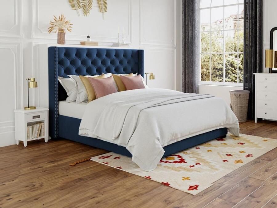 Vente-unique Bed met gestoffeerd hoofdbord 160 x 200 cm Stof Blauw + matras MASSIMO II L 183.5 cm x H 141.5 cm x D 215.5 cm - Foto 2