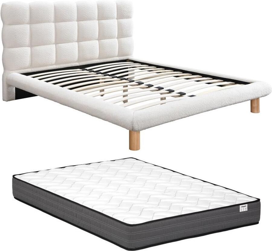 Vente-unique Bed met gewatteerd hoofdbord 140 x 190 cm Boucléstof Wit + matras FUDALI L 165 cm x H 115 cm x D 211 cm