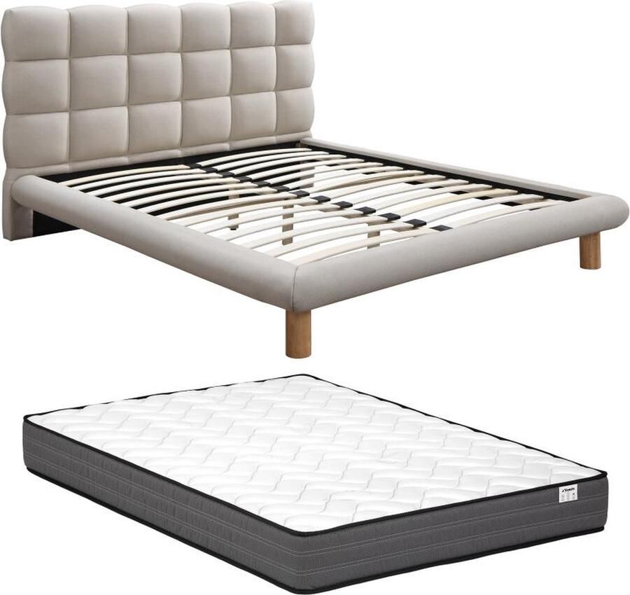 Vente-unique Bed met gewatteerd hoofdbord 140 x 190 cm Stof Beige + matras FUDALI L 165 cm x H 115 cm x D 211 cm