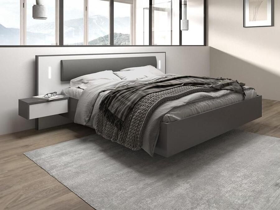 Vente-unique Bed met hangende nachtkastjes 160 x 200 cm Met ledverlichting Grijs en wit- SEGOLA L 256 cm x H 92 cm x D 208 cm - Foto 2