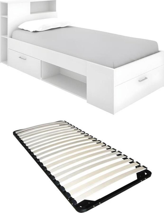 Vente-unique Bed met hoofdbord opbergruimte en lade 90 x 190 cm Wit + Bedbodem LEANDRE L 218.5 cm x H 95 cm x D 99.6 cm - Foto 2