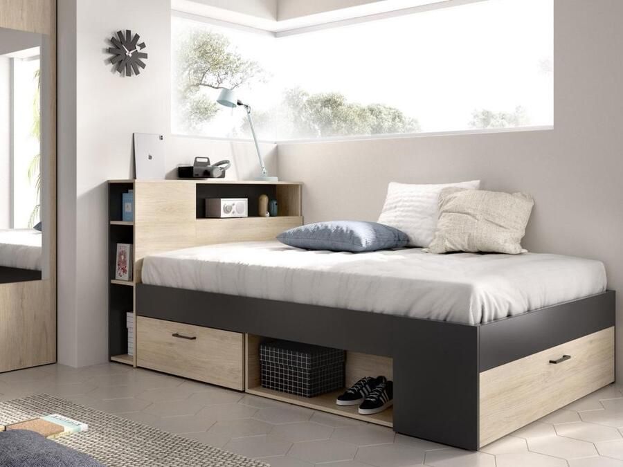 Vente-unique Bed met hoofdeinde met opbergruimte en lades 120 x 190cm naturel en antraciet LEANDRE L 217.3 cm x H 95 cm x D 129.6 cm - Foto 2