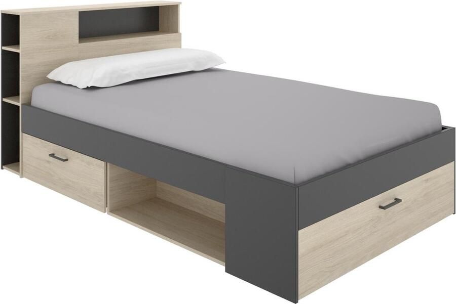 Vente-unique Bed met hoofdeinde met opbergruimte en lades 120 x 190cm naturel en antraciet LEANDRE L 217.3 cm x H 95 cm x D 129.6 cm