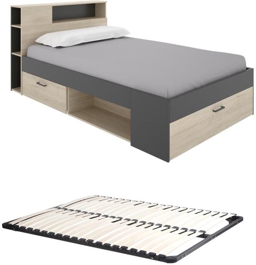 Vente-unique Bed met hoofdeinde met opbergruimte en lades 120 x 190cm naturel en antraciet + Bedbodem LEANDRE L 217.3 cm x H 95 cm x D 129.6 cm - Foto 2
