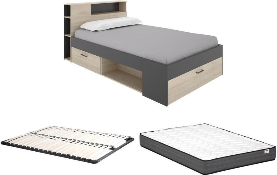 Vente-unique Bed met hoofdeinde met opbergruimte en lades 120 x 190cm naturel en antraciet + Bedbodem + Matras LEANDRE L 217.3 cm x H 95 cm x D 129.6 cm