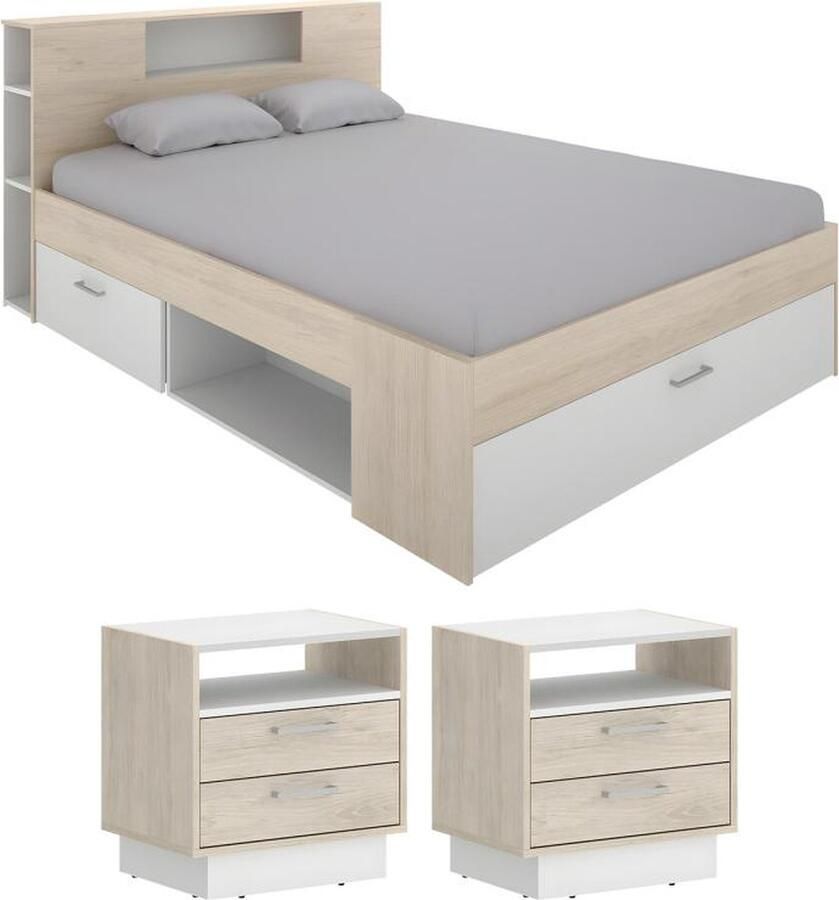 Vente-unique Bed met hoofdeinde met opbergruimte en lades 140 x 190 cm naturel en wit + nachtkastjes LEANDRE L 218.5 cm x H 95 cm x D 149.6 cm