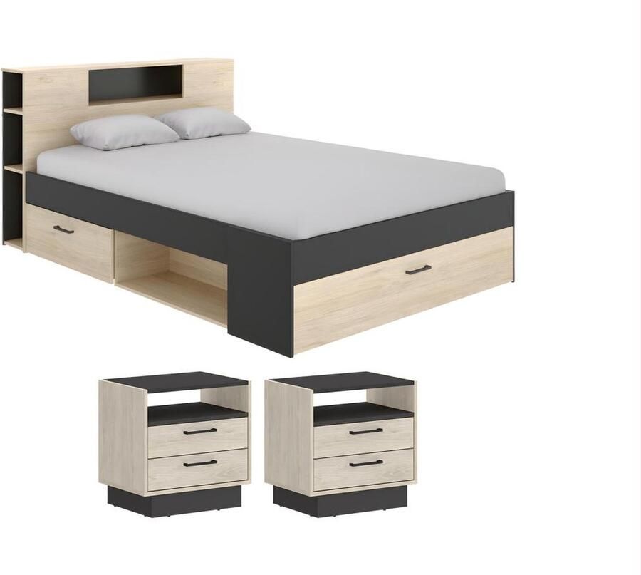 Vente-unique Bed met hoofdeinde met opbergruimte en lades 140 x 190 cm naturel en antraciet + nachtkastjes LEANDRE L 218.5 cm x H 95 cm x D 149.6 cm