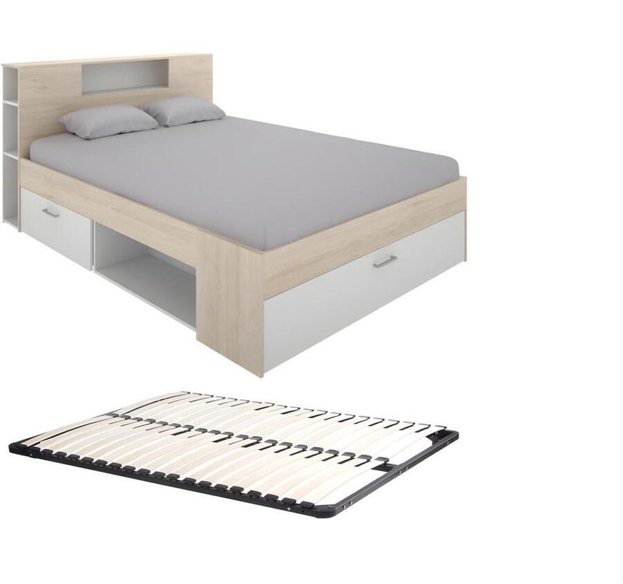 Vente-unique Bed met hoofdeinde met opbergruimte en lades 140 x 190 cm naturel en wit + bedbodem LEANDRE L 218.5 cm x H 95 cm x D 149.6 cm
