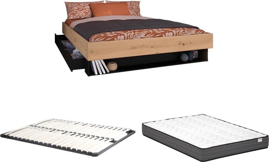 Vente-unique Bed met lade en opbergvak 160 x 200 cm houtlook en zwart + bedbodem + matras MISTA L 164 cm x H 28 cm x D 206 cm
