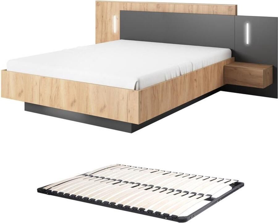 Vente-unique Bed met nachtkastjes 140 x 190 cm 2 lades Met ledverlichting naturel en antraciet + bedbodem FRANCOLI L 244.4 cm x H 102 cm x D 208.2 cm