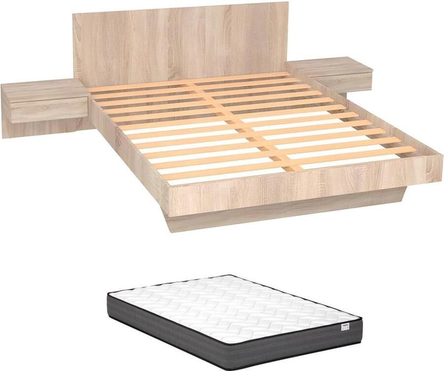 Vente-unique Bed met nachtkastjes 140 x 190 cm houtlook + matras MARVELLOUS L 234 cm x H 74.9 cm x D 192.2 cm