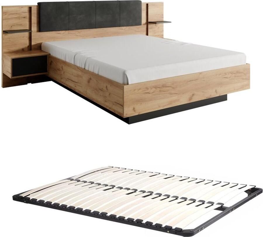 Vente-unique Bed met nachtkastjes – 140 x 190 cm – Met ledverlichting – houtlook en antraciet – Met bedbodem – ELYNIA L 236.4 cm x H 104.4 cm x D 200 cm