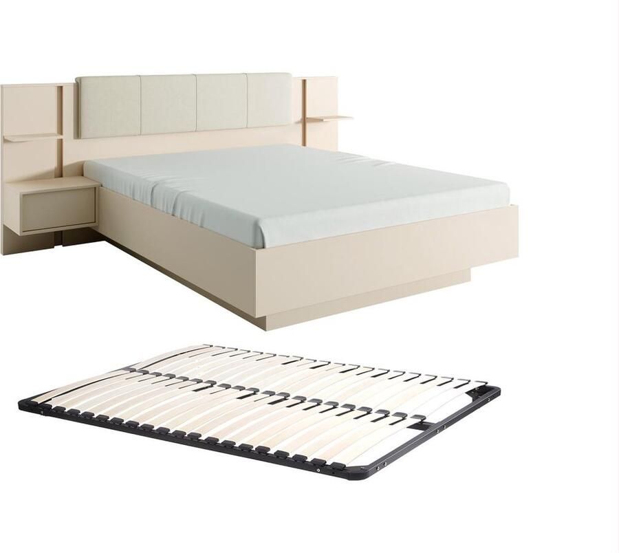 Vente-unique Bed met nachtkastjes 160 x 200 cm Met ledverlichting beige + bedbodem ELYNIA L 256.4 cm x H 104.4 cm x D 210 cm
