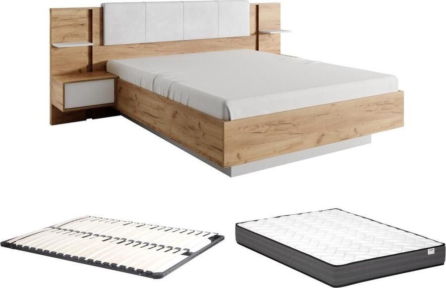 Vente-unique Bed met nachtkastjes 160 x 200 cm Met ledverlichting houtlook en wit + bedbodem + matras ELYNIA L 256.4 cm x H 104.4 cm x D 210 cm - Foto 2