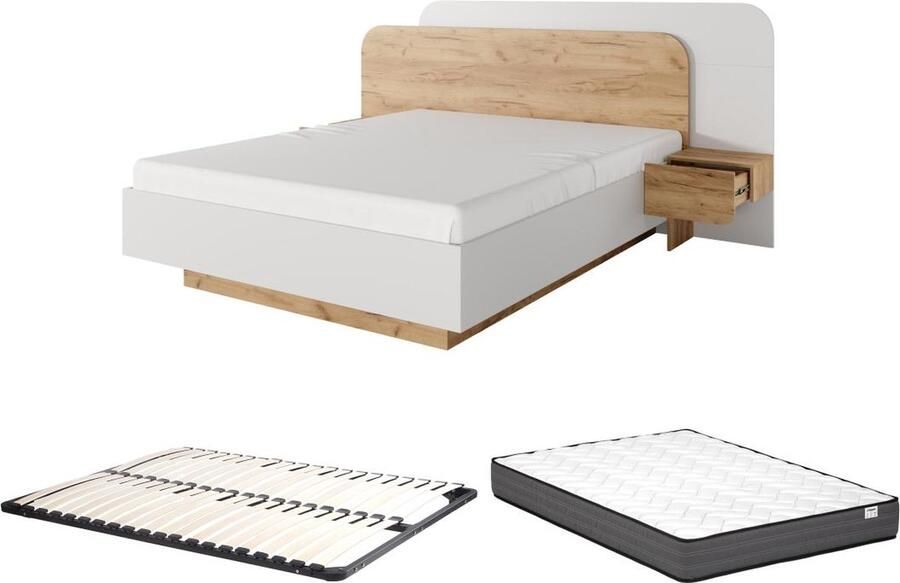 Vente-unique Bed met nachtkastjes 160 x 200 cm Met ledverlichting houtlook en wit – Met bedbodem – Met matras – DESADO L 245.2 cm x H 115.6 cm x D 208.8 cm - Foto 3