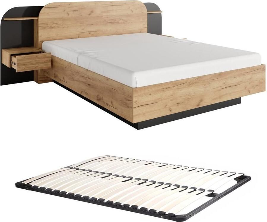 Vente-unique Bed met nachtkastjes 160 x 200 cm Met ledverlichting houtlook en zwart – Met bedbodem – JUVISIA L 249 cm x H 95 cm x D 223 cm