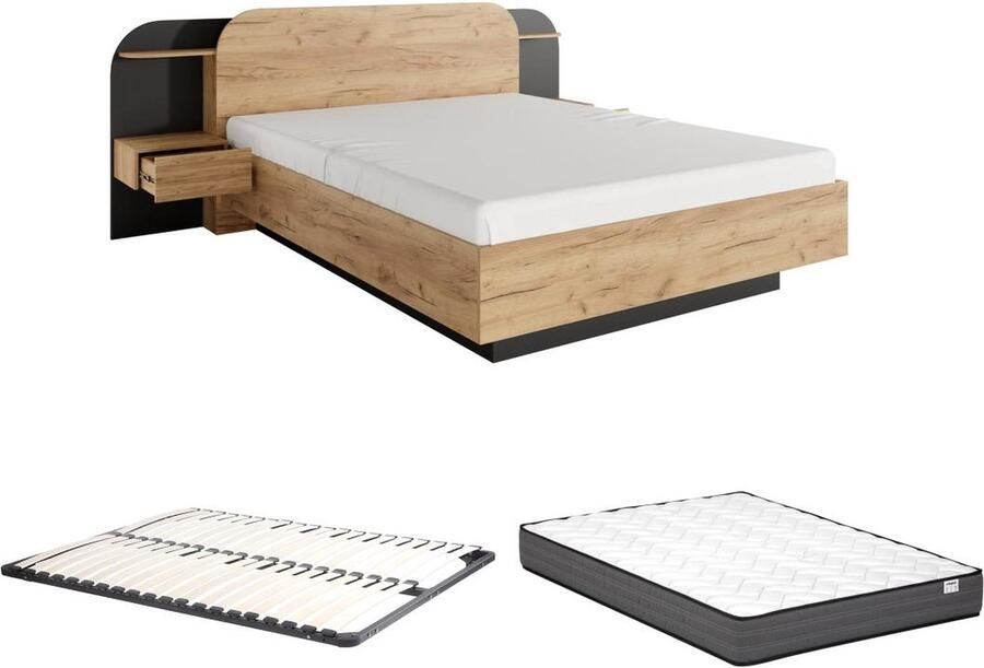 Vente-unique Bed met nachtkastjes 160 x 200 cm Met ledverlichting houtlook en zwart – Met bedbodem – Met matras – JUVISIA L 249 cm x H 95 cm x D 223 cm - Foto 2