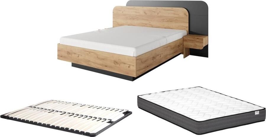 Vente-unique Bed met nachtkastjes 160 x 200 cm Met ledverlichting naturel en antraciet + bedbodem + matras DESADO L 245.2 cm x H 115.6 cm x D 208.8 cm