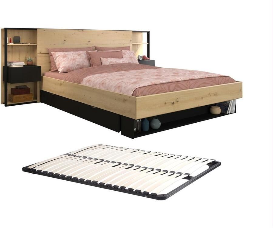 Vente-unique Bed met nachtkastjes en opbergvakken 160 x 200 cm Kleuren: Houtlook en zwart + Bedbodem MISTA L 255.1 cm x H 102.6 cm x D 244.9 cm