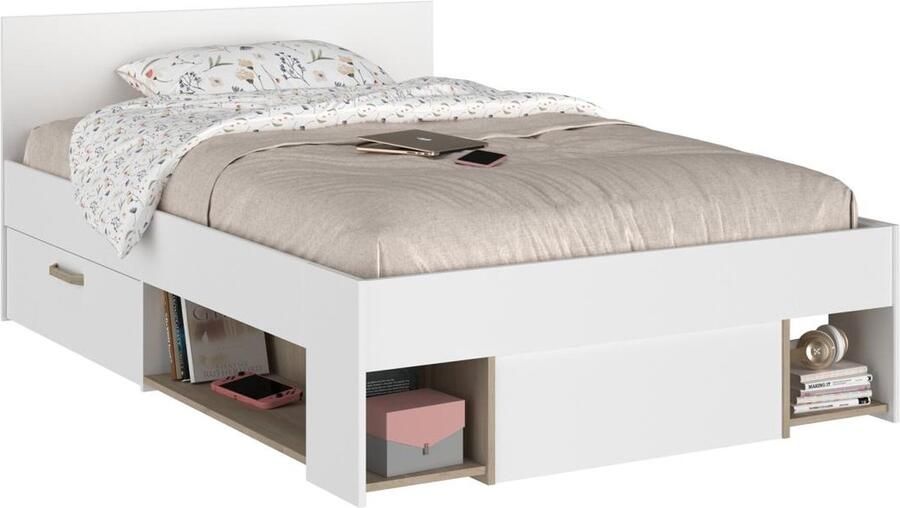 Vente-unique Bed met opbergruimte – 120 x 190 200 cm – Wit en houtlook – KINSELIA L 124 cm x H 76 cm x D 203.4 cm - Foto 4