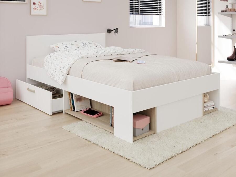Vente-unique Bed met opbergruimte – 120 x 190 200 cm – Wit en houtlook – KINSELIA L 124 cm x H 76 cm x D 203.4 cm - Foto 7