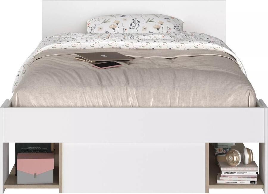 Vente-unique Bed met opbergruimte – 120 x 190 200 cm – Wit en houtlook – KINSELIA L 124 cm x H 76 cm x D 203.4 cm - Foto 2