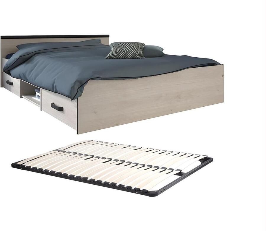 Vente-unique Bed met opbergruimte 140 x 190 cm 2 laden en 1 nis naturel + bedbodem PABLO L 145.8 cm x H 58.9 cm x D 193 cm