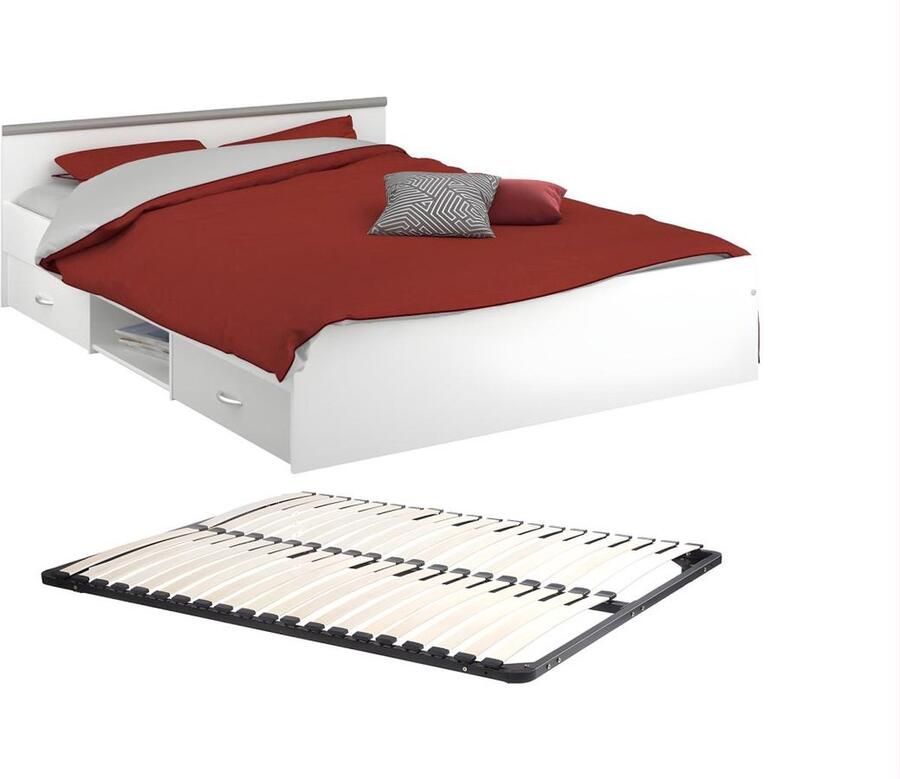 Vente-unique Bed met opbergruimte 140 x 190 cm 2 laden en 1 nis wit + bedbodem PABLO L 145.8 cm x H 58.9 cm x D 193 cm