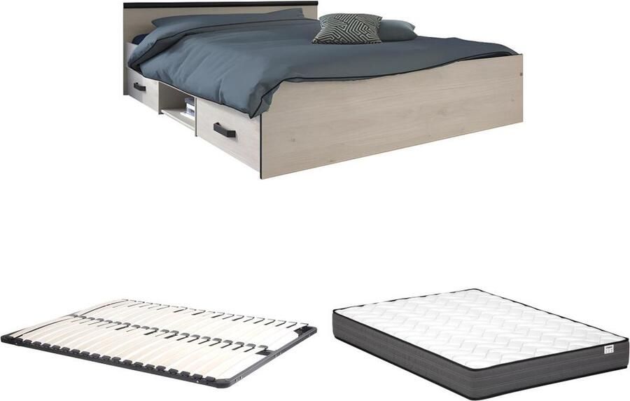 Vente-unique Bed met opbergruimte 140 x 190 cm 2 lades en 1 opbergvak houtlook + onderbed + matras PABLO L 145.8 cm x H 58.9 cm x D 193 cm - Foto 3