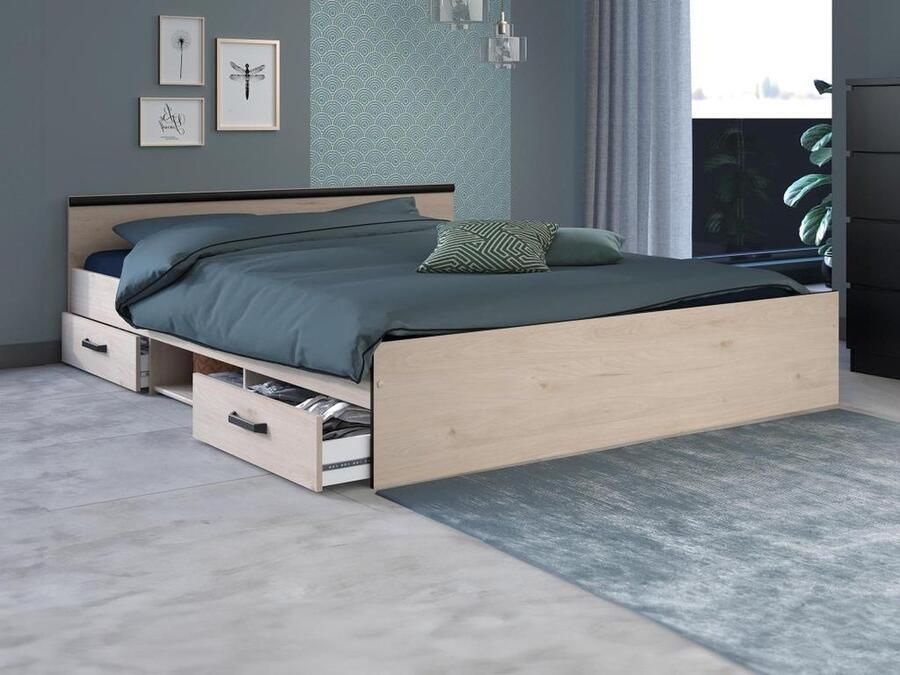 Vente-unique Bed met opbergruimte 140 x 190 cm 2 laden en 1 nis naturel + bedbodem PABLO L 145.8 cm x H 58.9 cm x D 193 cm - Foto 3