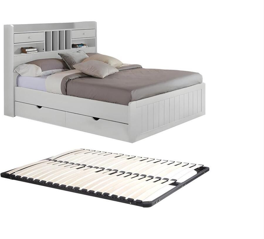Vente-unique Bed met opbergruimte 140 x 190 cm Dennenhout Wit + Bedbodem MEDERICK L 211.2 cm x H 115.6 cm x D 148 cm
