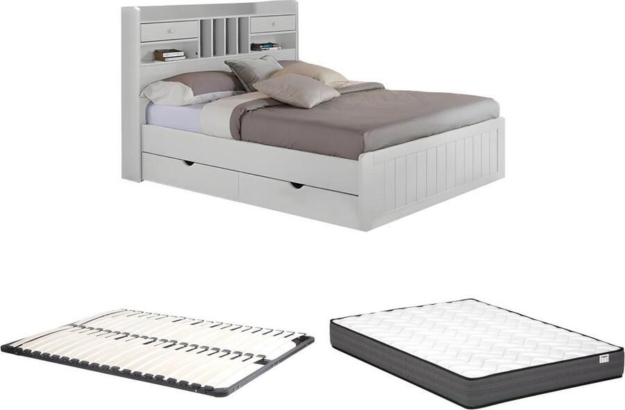 Vente-unique Bed met opbergruimte 140 x 190 cm Grenen Wit + bedbodem + matras MEDERICK L 211.2 cm x H 115.6 cm x D 148 cm - Foto 3