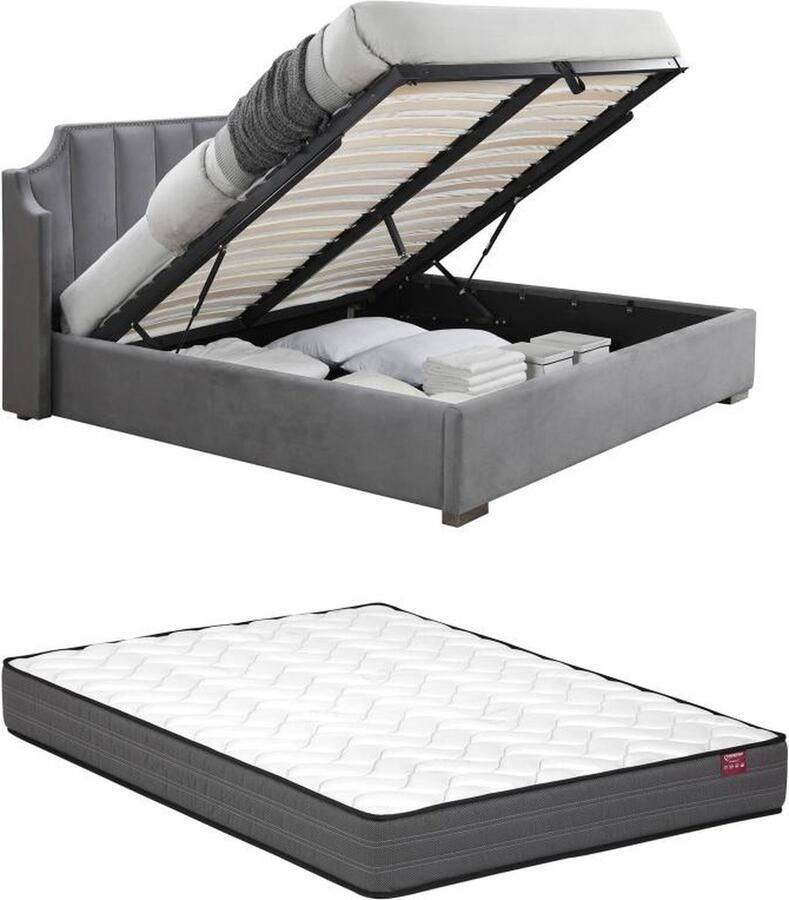 Vente-unique Bed met opbergruimte 140 x 190 cm met gebogen hoofdbord Fluweel Lichtgrijs + matras TEOMIS L 164 cm x H 122.5 cm x D 206 cm