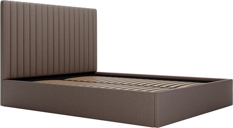 Vente-unique Bed met opbergruimte 160 x 200 cm met hoofdbord met verticale stiksels Ribfluweel Taupegrijs SARAH L 170 cm x H 120 cm x D 214 cm - Foto 2
