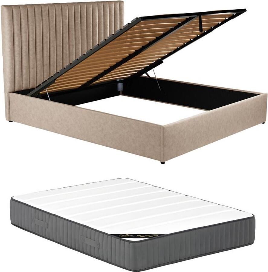 Vente-unique Bed met opbergruimte 160 x 200 cm met hoofdbord met verticale stiksels Stof Beige + matras SARAH L 170 cm x H 120 cm x D 214 cm