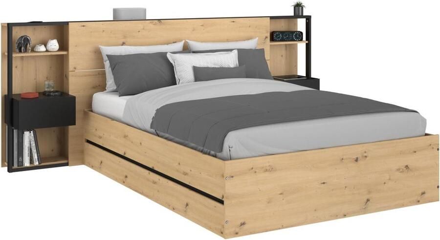 Vente-unique Bed met opbergruimte 140 x 190 cm met nachtkastjes houtlook en zwart LUDARO L 255.1 cm x H 102.6 cm x D 235.7 cm - Foto 3