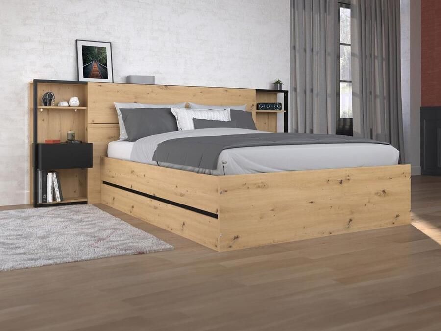 Vente-unique Bed met opbergruimte 140 x 190 cm met nachtkastjes houtlook en zwart + matras LUDARO L 255.1 cm x H 102.6 cm x D 235.7 cm - Foto 2