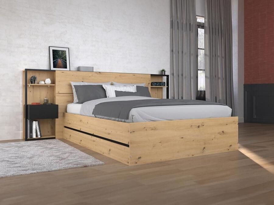 Vente-unique Bed met opbergruimte 140 x 190 cm met nachtkastjes houtlook en zwart LUDARO L 255.1 cm x H 102.6 cm x D 235.7 cm