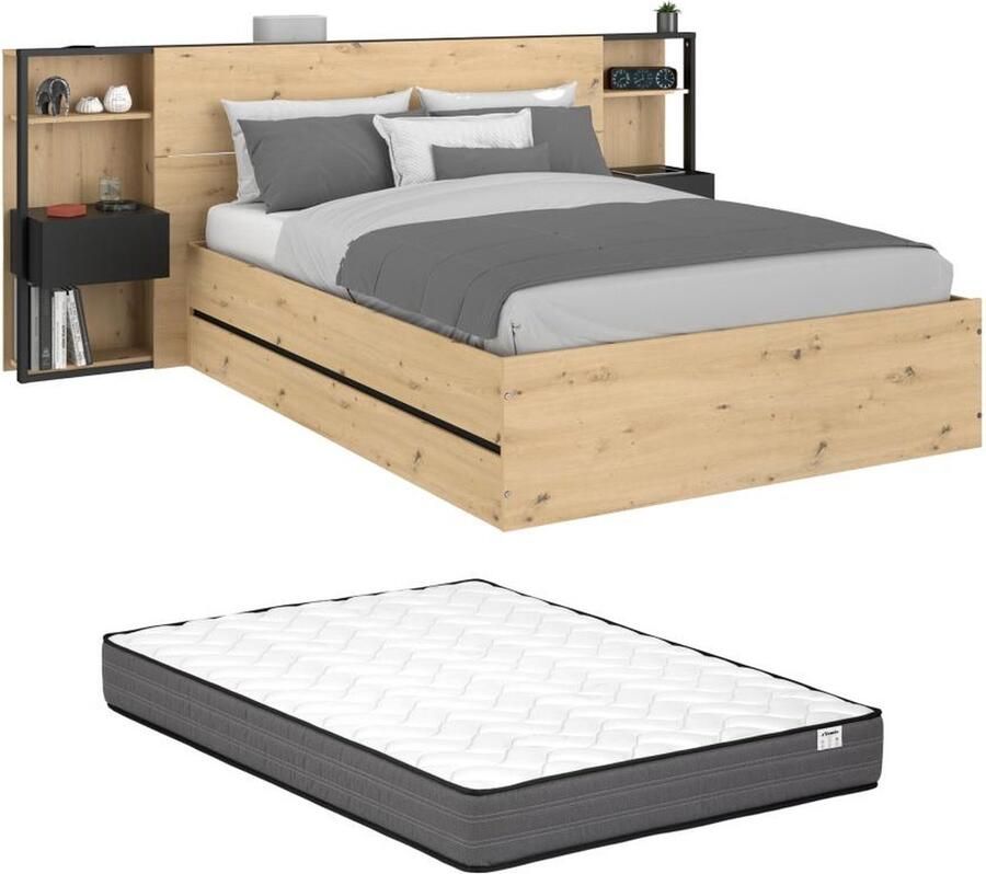 Vente-unique Bed met opbergruimte 140 x 190 cm met nachtkastjes houtlook en zwart + matras LUDARO L 255.1 cm x H 102.6 cm x D 235.7 cm - Foto 3