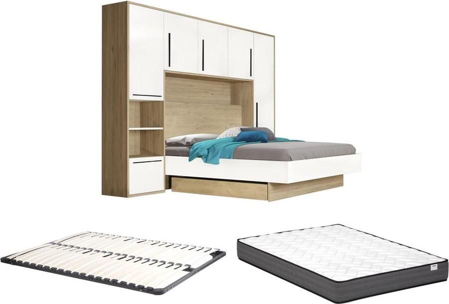 Vente-unique Bed met opbergruimte 140 x 190 cm Natuurlijk en wit + Bedbodem + Matras NAJELI L 275 cm x H 216 cm x D 215 cm