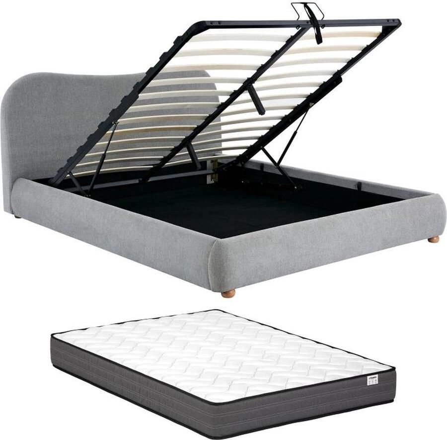 Vente-unique Bed met opbergruimte 140 x 190 cm Gevlamde stof Lichtgrijs + matras FIREZA L 152 cm x H 90 cm x D 212 cm