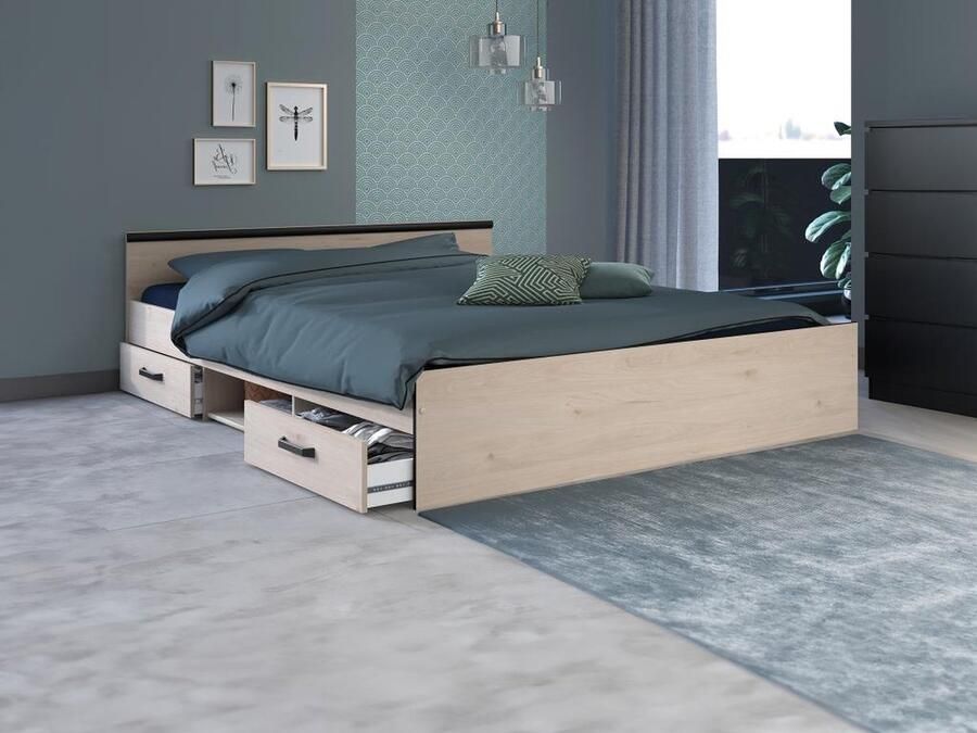 Vente-unique Bed met opbergruimte 160 x 200 cm 2 laden en 1 nis naturel + bedbodem + matras PABLO L 166 cm x H 59 cm x D 203 cm