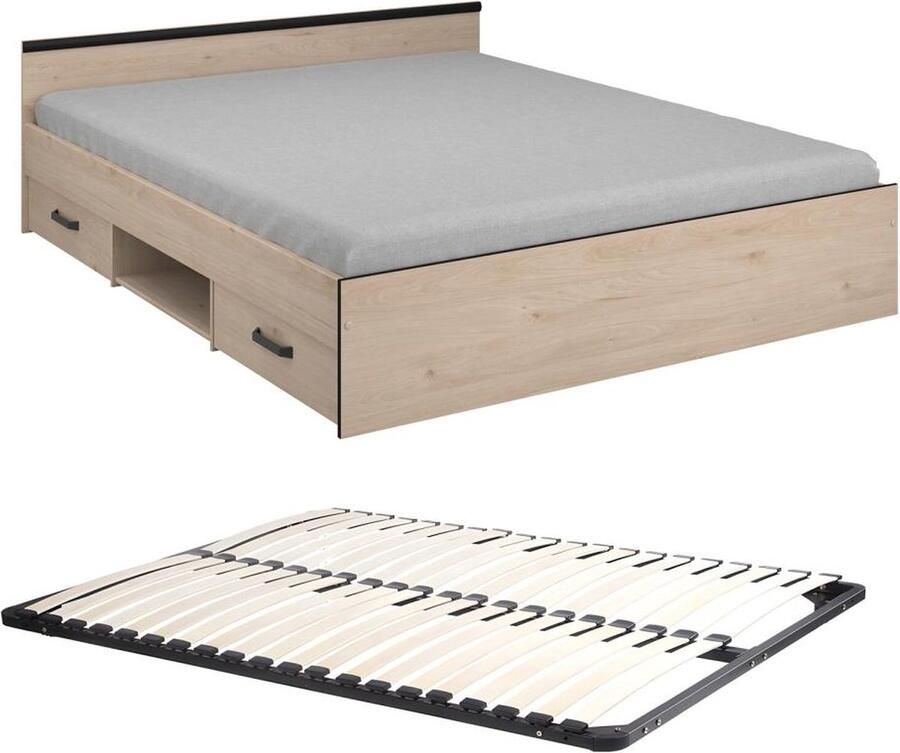 Vente-unique Bed met opbergruimte 160 x 200 cm 2 laden en 1 nis naturel + bedbodem PABLO L 166 cm x H 59 cm x D 203 cm